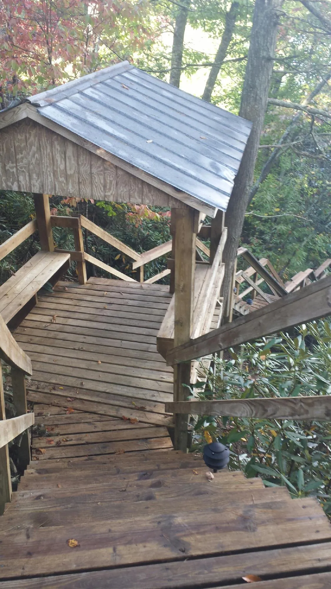 Metal roofed shelter over wooden steps on a wooded walkway — Skylight Repair & Installation work by our crew in Stapleton